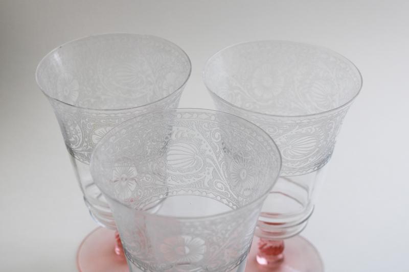 vintage crystal clear / pink stem etched pattern optic footed tumblers iced tea glasses