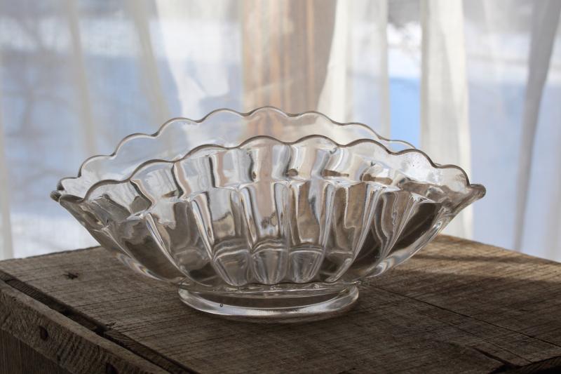 vintage crystal clear pressed glass banana boat, pillar flute fluted bowl oval basket