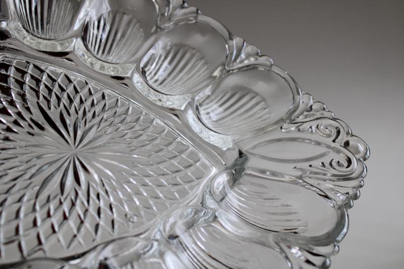 vintage crystal clear pressed glass egg plate, triangle shape tray for deviled eggs