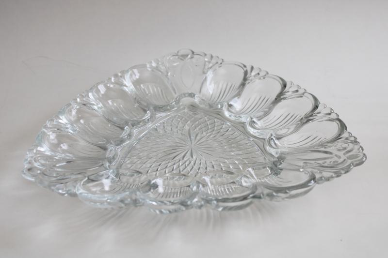 vintage crystal clear pressed glass egg plate, triangle shape tray for deviled eggs