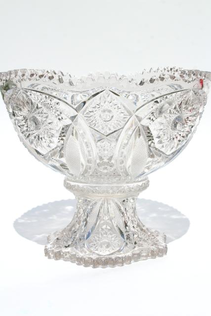 vintage crystal clear pressed glass punch bowl and stand, whirling star pattern