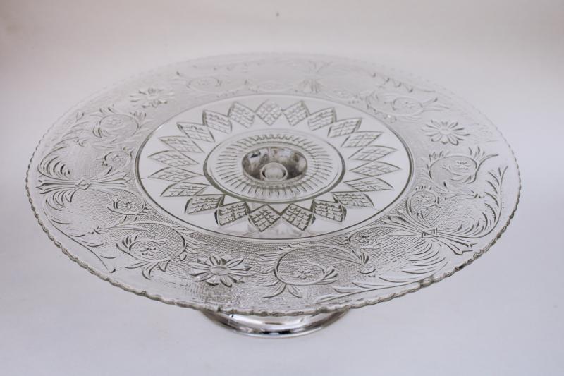 vintage crystal clear sandwich glass cake stand, Duncan and Miller sandwich pattern plate