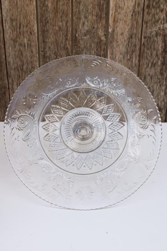 vintage crystal clear sandwich glass cake stand, Duncan and Miller sandwich pattern plate