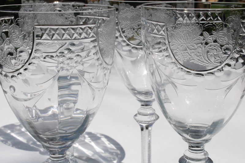 vintage crystal stemware, large goblets water glasses cut w/ etched floral cameo