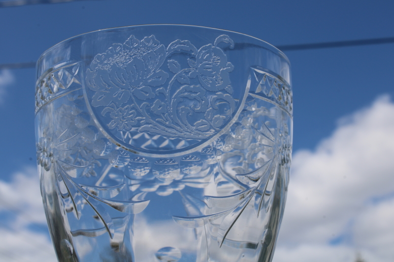 vintage crystal stemware, large goblets water glasses cut w/ etched floral cameo