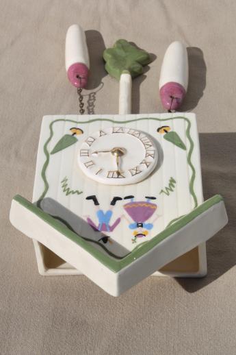 vintage cuckoo clock wall pocket, hand-painted ceramic pottery wall box planter