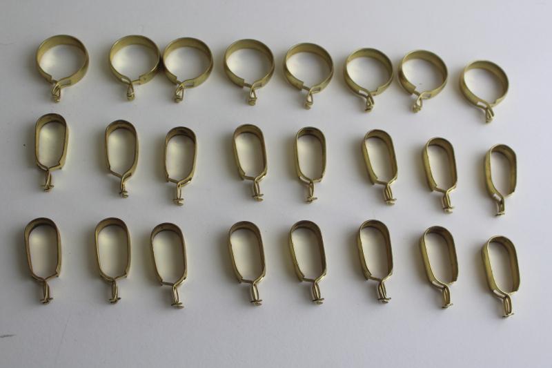 vintage curtain rings, gold tone aluminum or brass oval & round ring clips for cafe curtain rods