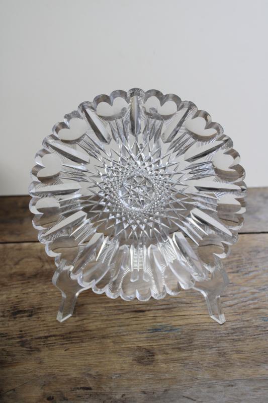 vintage cut crystal plate w/ heart pattern, border of hearts for wedding or Valentine decor