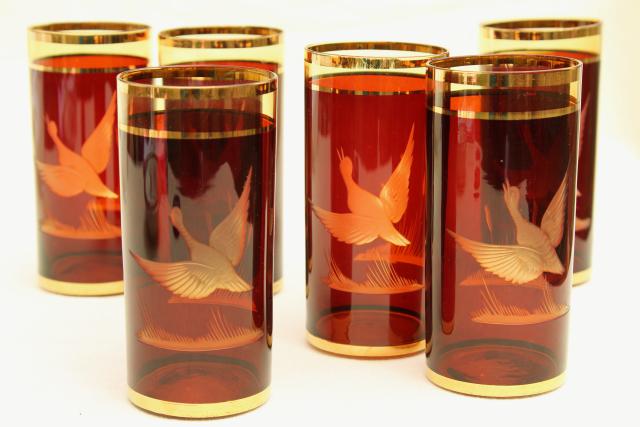 vintage cut etched amber glass tumblers, duck pattern glasses, Bavaria Germany or Bohemian Czech glass
