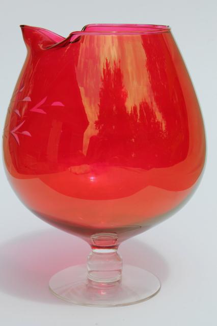 vintage cut glass cocktail pitcher, ruby flash stained color glass w/ clear foot