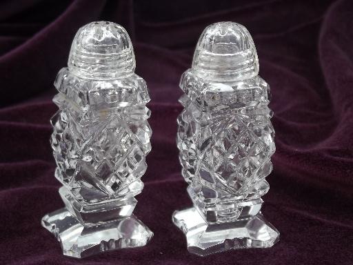 vintage cut glass salt & pepper shakers S&P set, screw on glass lids