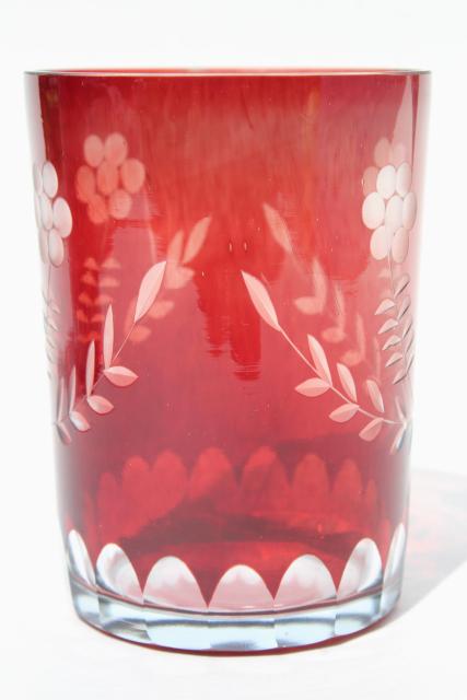 vintage cut to clear dark ruby colored glass tumble up bedside carafe w/ tumbler