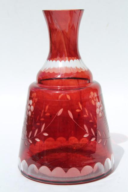 vintage cut to clear dark ruby colored glass tumble up bedside carafe w/ tumbler