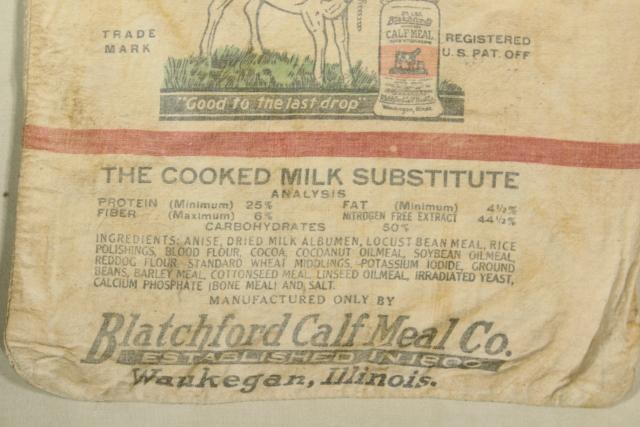 vintage dairy calf feed bag, Waukegan Illinois farmhouse primitive cow graphics