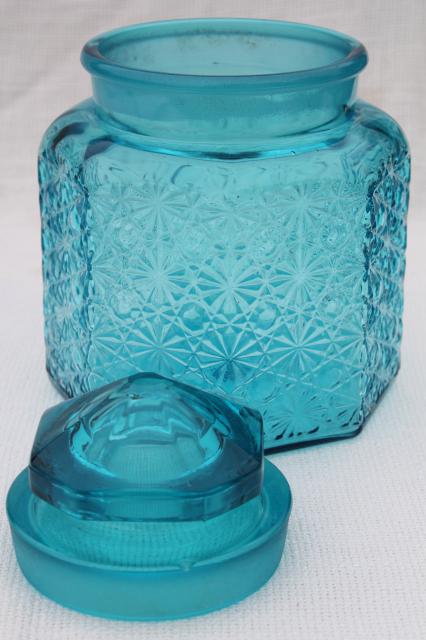 vintage daisy and button glass canister jar w/ lid, aqua blue glass