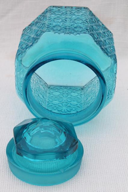vintage daisy and button glass canister jar w/ lid, aqua blue glass