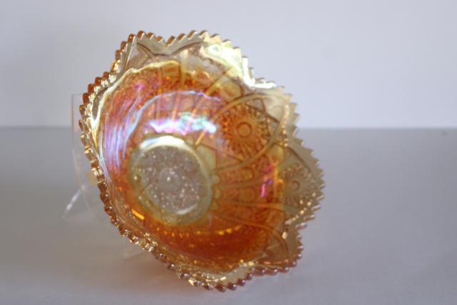 vintage daisy and button pattern glass bowl, marigold orange luster carnival glass