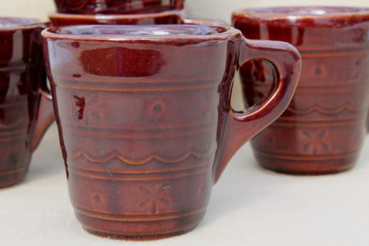vintage daisy dot brown Marcrest stoneware pottery, ring handle cups or coffee mugs