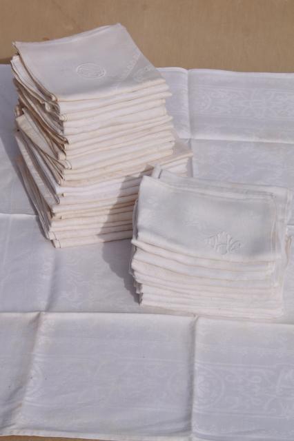 vintage damask cloth napkins embroidered w/ R monogram, cotton or linen damask table linens