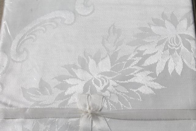 vintage damask tablecloth still sealed, 70 inch round Japan cotton rayon white damask cloth
