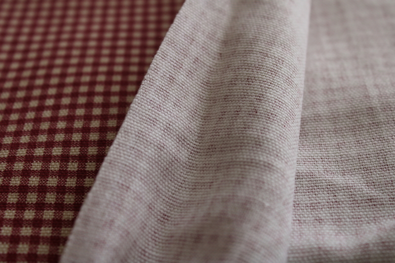 vintage decorator fabric, stain resistant cotton, barn red  cream gingham checks primitive country