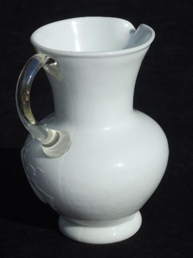vintage della robbia embossed fruit milk glass pitcher, clear applied handle