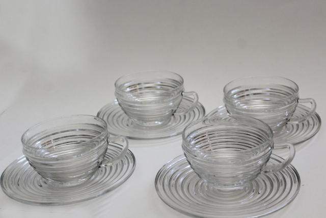 vintage depression glass, Anchor Hocking Manhattan pattern cups & saucers or small plates