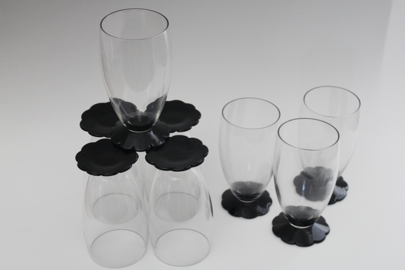 vintage depression glass, art deco Weston crystal ebony black glass footed glasses set