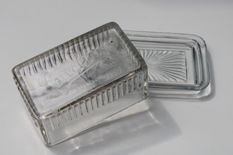 vintage depression glass butter dish one pound block Louella advertising embossed cover