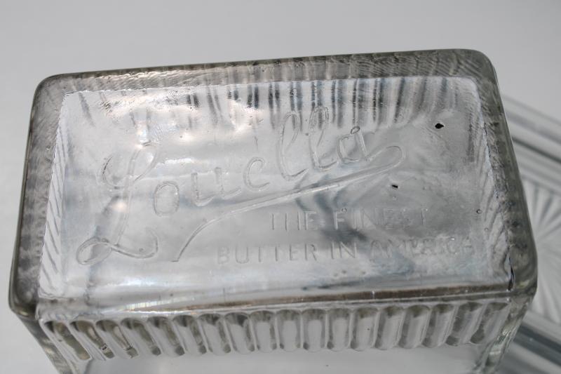 vintage depression glass butter dish one pound block Louella advertising embossed cover