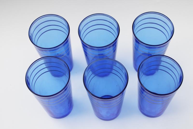 vintage depression glass drinking glasses, hand painted striped cobalt blue tumblers
