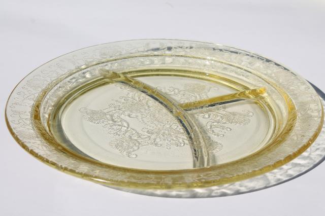 vintage depression glass grill plates, yellow glass divided plates Florentine poppy #2