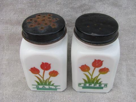 vintage depression glass kitchen S&P, colored tulips on milk white