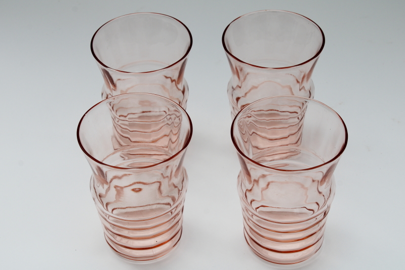 vintage depression glass soda glasses, flamingo pink Heisey plateau stacked ring tumblers