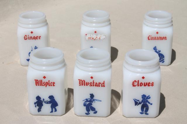 vintage depression glass spice set, deco milk glass shaker jars red & blue dutch designs