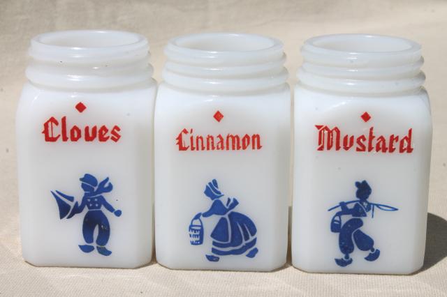 vintage depression glass spice set, deco milk glass shaker jars red & blue dutch designs