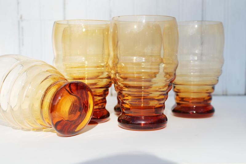 vintage depression glass tumblers, amber beehive stacked ring shape Cambridge 3078 