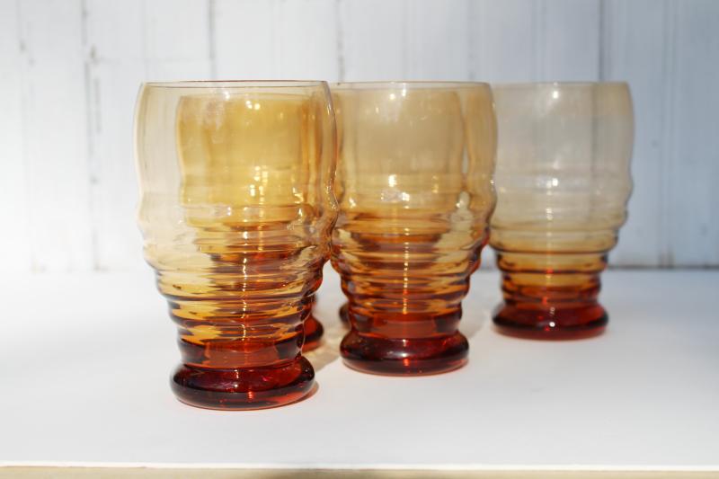 vintage depression glass tumblers, amber beehive stacked ring shape Cambridge 3078 