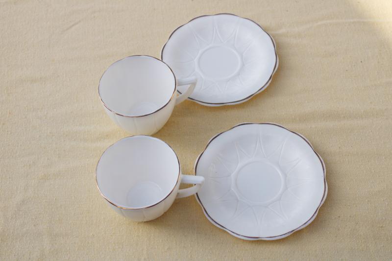 vintage depression glass, white milk glass cups & saucers Hazel Atlas hairpin pattern 