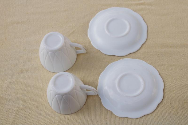 vintage depression glass, white milk glass cups & saucers Hazel Atlas hairpin pattern 