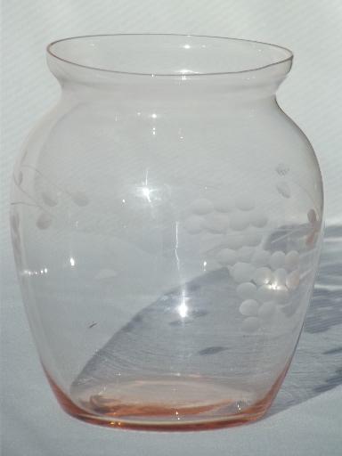 vintage depression pink glass vase w/ wheel cut grapes pattern