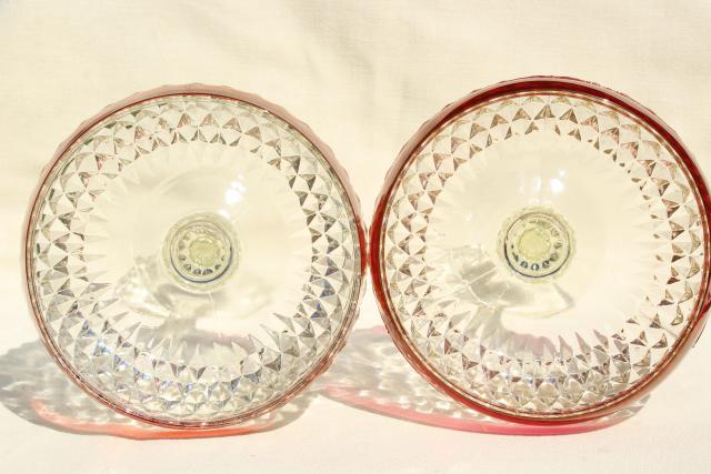 vintage diamond point glass compotes, ruby red & cranberry stain flashed color bands