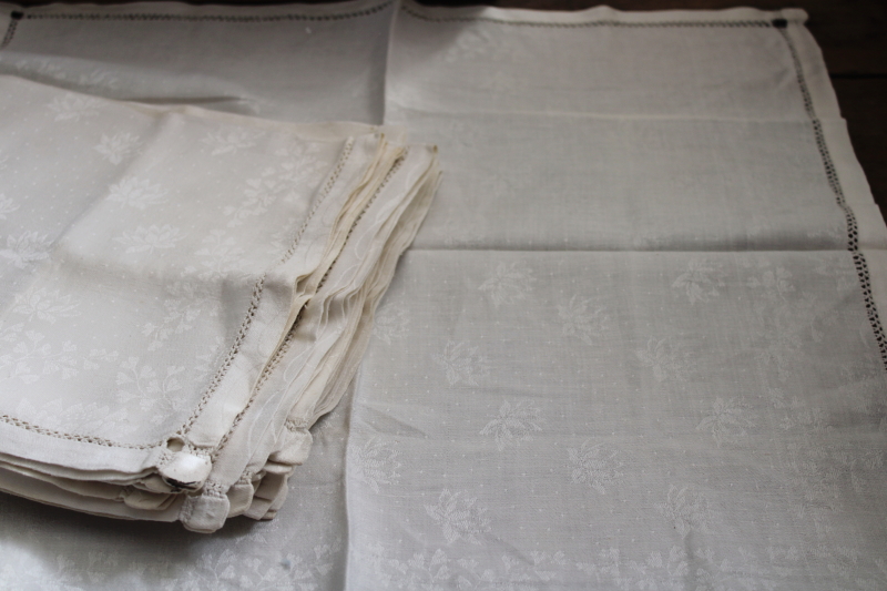 vintage dinner napkins w/ drawn thread border, heavy pure linen damask fabric