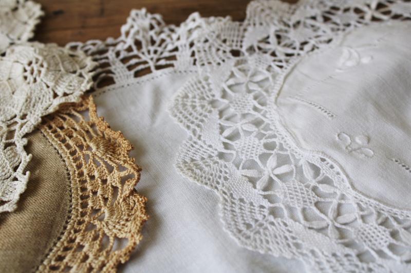 vintage doilies lot, cotton & linen fabric rounds w/ lace crochet edgings
