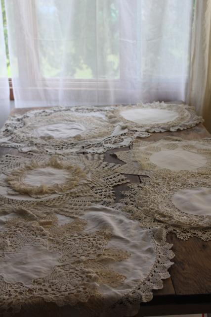 vintage doily lot, linen and lace table mats doilies - rustic wedding decor
