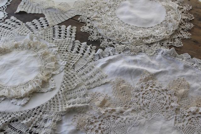 vintage doily lot, linen and lace table mats doilies - rustic wedding decor