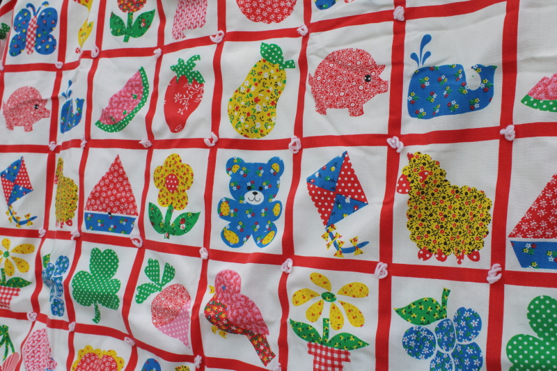vintage doll baby quilt, cheater patchwork print calico tied comforter
