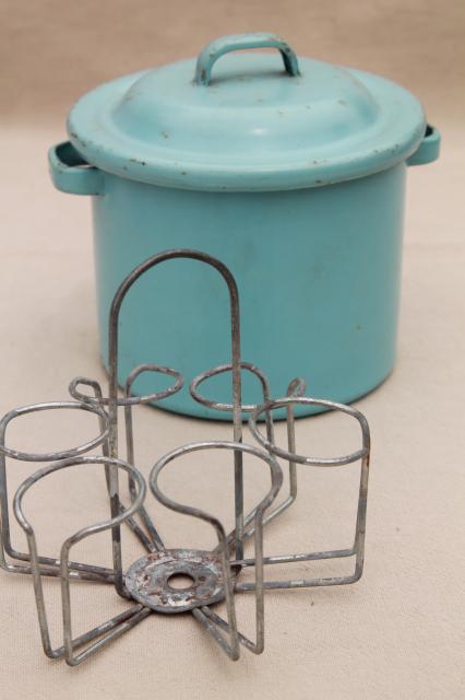 vintage doll size robin's egg blue enamelware canner pot or baby bottle boiler w/ wire rack