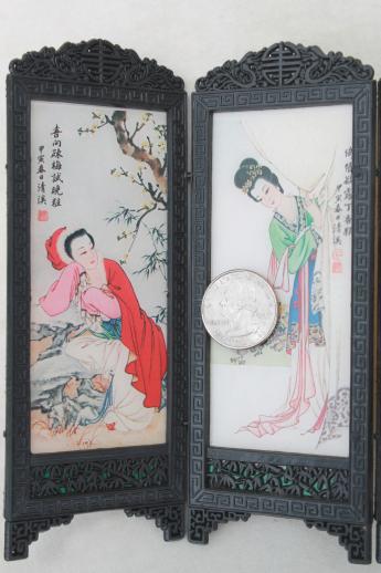 vintage dollhouse furniture - miniature oriental screen w/ Chinese silk painting
