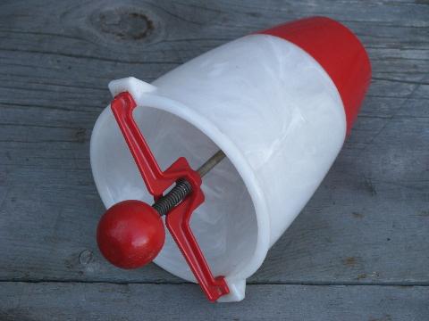 vintage donut dropper, red and white plastic doughnut maker kitchen utensil